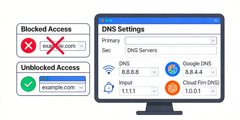 Ilustrasi pengaturan DNS alternatif seperti Google DNS atau Cloudflare DNS untuk membuka blokir akses internet